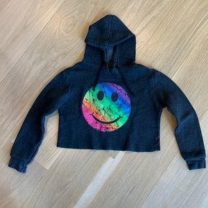 Gray hooded Rainbow Smiley crop sweatshirt size small